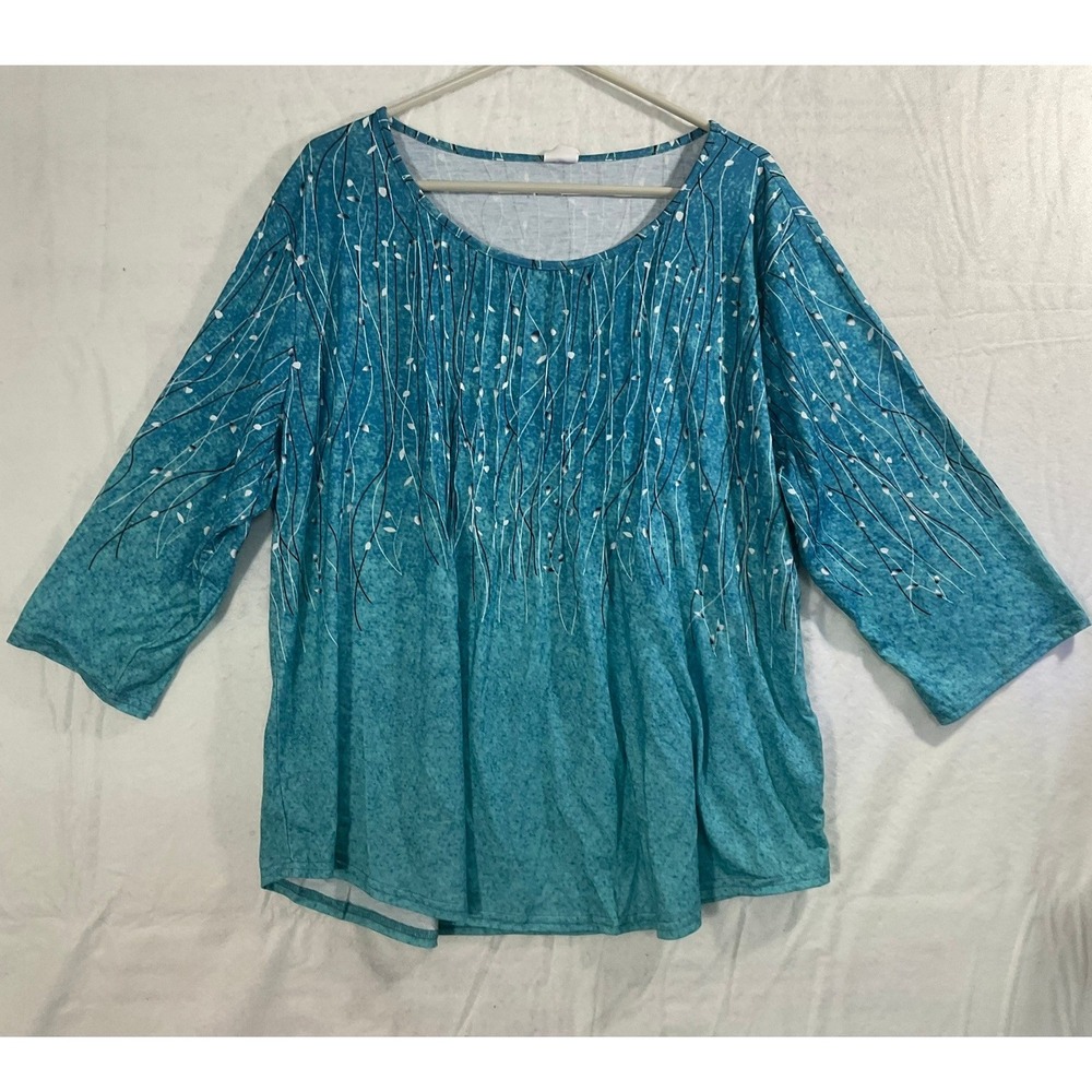 Xieerduo Blouse Women 3XL Teal Blue Abstract Branch Pleated Scoop Neck Top